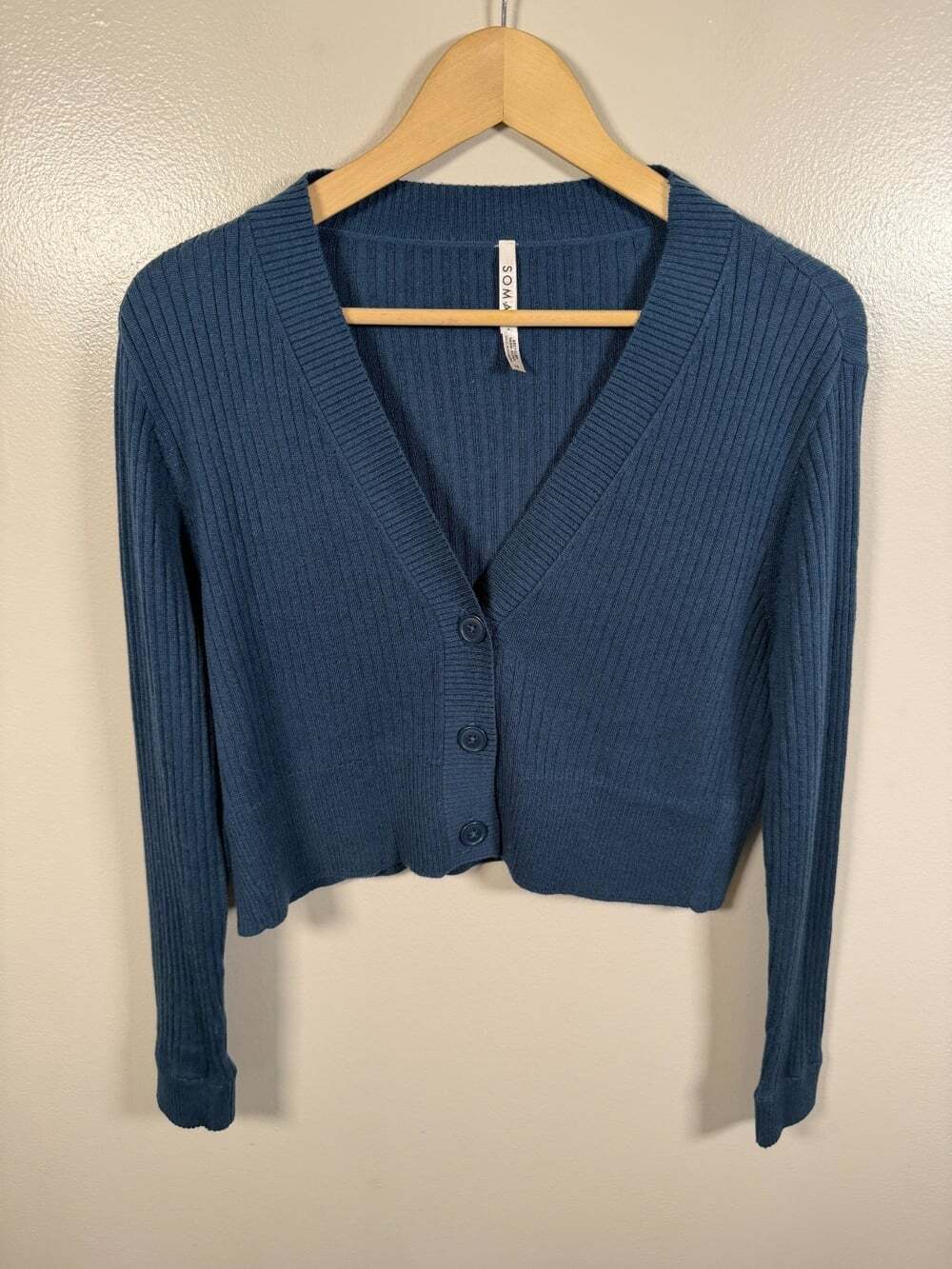 Soma Luxe Soft Ribbed Cardigan Sweater Medium Cropped Button Up V-Neck Blue